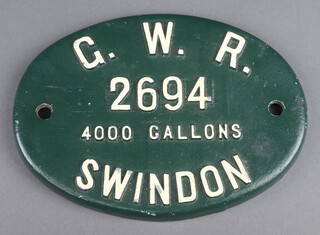 Great Western Railway, a cast iron tender plate marked GWR 2694 4000 gallons Swindon 21cm x 15cm 