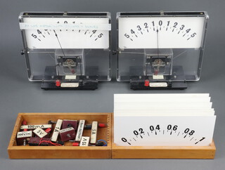 Two 1960's X laboratory meters with shunt and scales, 7 extra scales and various shunts  29cm h x 30cm 
