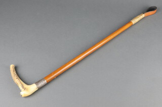 A Victorian Malacca hunting crop with silver collar and stag horn handle, London 1887 59cm 