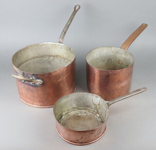 A large copper saucepan marked A Frican.C 19cm x 24cm with copper handle, 1 other marked 3B.S with iron handle 20cm x 29cm, smaller ditto marked A.C with iron handle 10cm x 25cm 