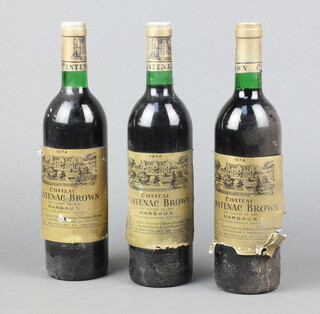 Three bottles of 1974 Chateau Centenac Brown, Cru Classe Margaux red wine 