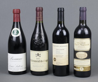 A 2005 bottle of Chateauneuf-du-Pape red wine, 1998 bottle of Maison Louis Latour Cotes du Rhone, 2004 McHenry Hohnen Tiger Country Tempranillo and a 2001 bottle of Chateau Haut-Mazieres bordeaux  