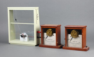 Two Philip Harris school volt meters with silvered dials contained in mahogany cases 17cm x 18cm x 8cm together with a scientific lab display meter 31cm h x 27cm w x 10cm d  