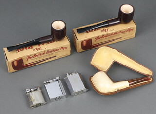 The Roller Beacon lighter, a McMurdo lighter, The Bedford Bijou lighter, 2 British Buttner pipes - model B1 boxed and a Meerschaum pipe in leather case 