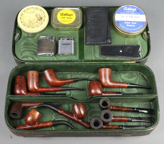 Nine various Astley pipes - 3 unnumbered, the rest numbered 4, 45, 60, 75, 77 (x2), a Llewellyn pipe, a Charatan pipe, a Ronson Whirlwind lighter, 1 other Ronson lighter, all contained in a rectangular green leather box by Alex Jones & Company  