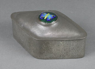 A Liberty English Pewter, Archibald Knox style diamond shaped box, the hinged lid enamelled a butterfly, the base marked English Pewter Made By Liberty & Co 0907395 