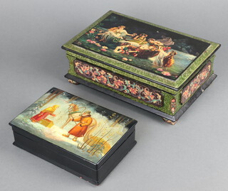 A rectangular Russian lacquered box with hinged lid decorated a figure with horse and standing child 5cm h x 19cm w x 13cm d (chips in places), together with a reproduction Victorian trinket box decorated maidens 9cm x 26cm w x 17cm d