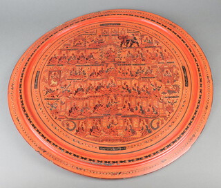 A 19th/20th Century circular Burmese red and black lacquered tray decorated figures 63cm diam. 
