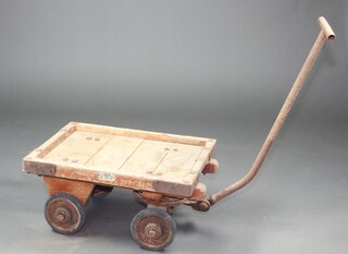 Slingsby, a wooden and metal bound bullion or platform trolley 30cm x 62cm x 47cm 