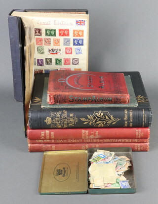 Three Ideal stamp albums of GB and world stamps including Germany, an Imperial album of GB and Colonial stamps Victoria and later including penny reds, album of world stamps - USA, India, GB, France, Denmark, a Lincoln album of world stamps - GB, Transvaal, India, an empty Sphere album, 2 small stock books of world stamps  and a small tin of stamps some on paper 