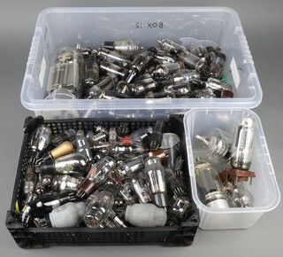 A large Standard Telephone Company valve 5C/450A and a collection of valves contained in 3 shallow plastic boxes  