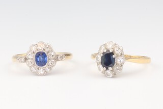 Two yellow metal 18ct sapphire and diamond cluster rings, sizes J and K, 5 grams 