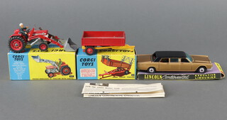 Corgi Toys, a farm tipper trailer No 62 and a Massey Ferguson 175 tractor No 69, boxed with insert and a Lincoln Continental Executive base only together with two TV slides (ship and boxes) 