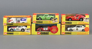 Corgi Toy, a collection of Whizz Wheels racing cars to include Roger Clarkes 3 litre V6 Ford Capri No 303, Ford GT70 No 316, Datsun 240Z No 396, Datsun 240Z No 394, Porsche Carrera 6 No 371 and Ferrari 206 Dino Sport No 344, al boxed with inserts 