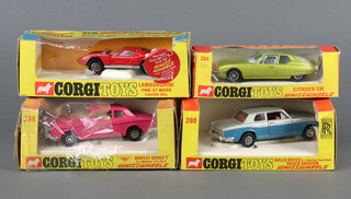 Corgi Toys, a collection of to include a Lamborghini P400 GT Miura Fighting Bull No 342, a Rolls Royce Silver Shadow No 280, a Citroen SM No 284 and a Whizz Wheels Bentley Series T No 274, all boxed with inserts