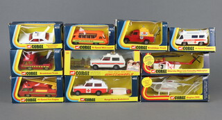 Corgi Toys, a Ford Cortina Police Car No 402, a Police Vigilant Range Rover No 461, Breakdown Truck No 477, Range Rover Ambulance No 482, a High-Dash Speed Ambulance No 700, High-Speed Mini-Coach No 701, Breakdown Truck No 702 and a High-Dash Speed Fire Engine No 703, Hughes 369 Police Helicopter No 921 and Sikorsky Skycrane Casualty Helicopter No 922, all boxed with inserts