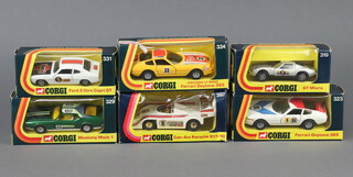 Corgi Toys, a GT Miura No 319, a Ferrari Daytona 365 No 323, JCB/Corgi Le Mans Ferrari Daytona 365 No 324, a Mustang Mack 1 No 329, a Ford 3 litre Capri GT No 331 and a Can-Am Porsche 917-10 No 397, all boxed with inserts