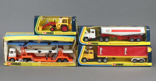A Corgi Major Carrimore Tri-Deck MKV Car Transporter No 1146, a Mack Truck with Gloster Saro  Petrol Tanker No 1152, a MF50B Tractor with Shovel No 54 and a Mack Container Truck No 1106, all boxed with inserts 