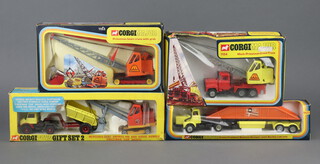 Corgi Toys, a Corgi Toys Gift Set No 2 Mercedes Benz Unimog No 406,  Goose Dumper Priestman Cub Shovel and a Corgi Major Crane and Bottom Dumper No 1102, a Priestman Boom Crane with Grab No 1153 and a Mack-Priestman Crane Truck No 1154, all boxed with inserts  