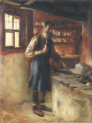 Herman Gustave Kerkomer (German) oil on board signed, a gentleman standing at a stove, smoking a pipe 34cm x 26cm 
