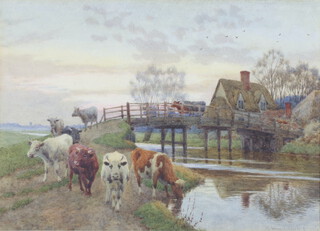 William Sidney Cooper 1893 (English 1854-1927), watercolour signed and dated, cattle crossing a bridge 25cm x 34cm 