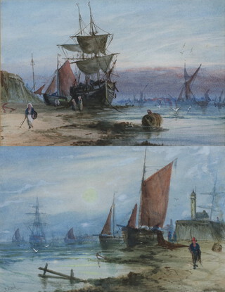 George D Callow, (English 1829-1878) watercolours a pair, coastal scene with moored fishing vessels 16cm x 25cm 