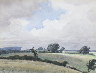 Harry George Theaker RBA (English) watercolour unsigned "Sussex Downs View" 24cm x 32cm, labels on verso 