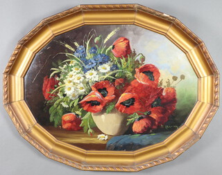 ** E Therry, oil on board, still life study of flowers 57cm x 78cm, contained in a hexadecagon  frame **Please Note - Artist's Resale Rights may be payable on this lot 