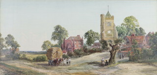 John Faulkner (British 1835-1894) watercolour, rural scene with figures before a church, Pinner Middlesex, signed 46cm x 97cm  