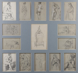 Victorian pencil drawings, unsigned, portraits, interior scenes and animals, 29 framed as 2 