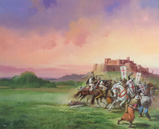 G D, watercolour monogrammed, battle scene before a castle 42cm x 52cm 
