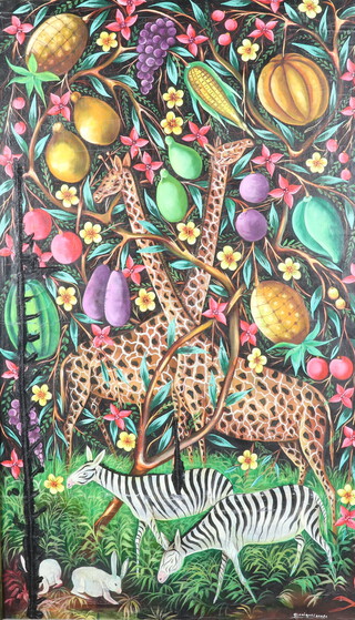 Monique Larose, 20th Century oil on canvas, study of zebra, rabbits and giraffe beneath fruiting trees 122cm x 70cm 