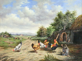 H Hooper, (British) oil on board, farmyard scene with chickens and distant hills 29cm x 39cm 