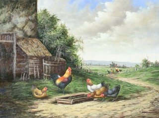 H Hooper (British), oil on board, chickens feeding before a barn 29cm x 39cm 
