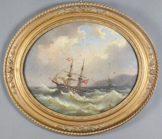 A Victorian oil on glass, Maritime scene in choppy seas, oval 35cm x 43cm 