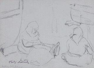 ** Philip Naviasky, (British 1894-1983) pencil sketch of ladies making fishing nets, label on verso 22cm x 13cm ** Please Note - Artist's Re-sale Rights may be payable on this lot