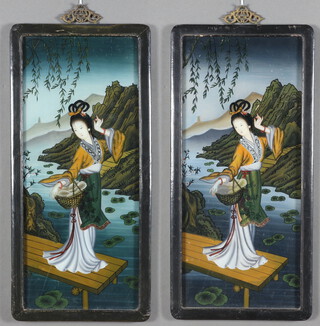 Early 20th Century Chinese reverse paintings on glass, studies of ladies in mountainous landscapes 59cm x 25cm 