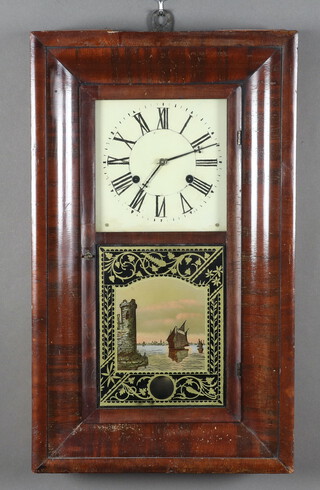 Newhaven Clock Company, an American striking wall clock with 21cm painted dial, Roman numerals, the door with print panel decorated a sailing ship complete with pendulum, weights and key 65cm h x 39cm x 10cm d 