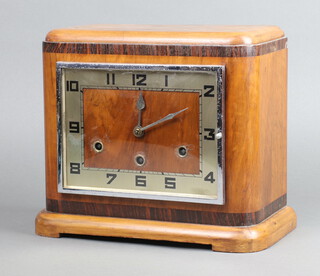 Norland, an Art Deco 8 day chiming mantel clock with square silvered dial and Arabic numerals contained in a crossbanded walnut case 24cm h x 27cm w x 15cm d, complete with pendulum, no key 
