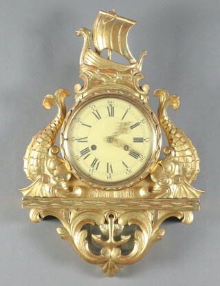 A Continental Cartel clock with 16cm painted dial, Roman numerals and pierced gilt hands, contained in a carved and gilt painted case surmounted by a longboat and supported by 2 dolphins 53cm h x 35cm w x 9cm d, complete with pendulum and key, clock is currently running 
