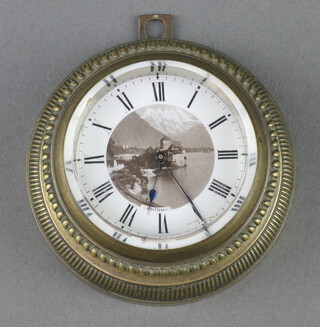 A 19th/20th Century hanging timepiece, the centre of the enamelled dial decorated Chillon Castle, Lake Geneva and with Roman numerals, contained in a gilt metal case 3cm x 7cm 