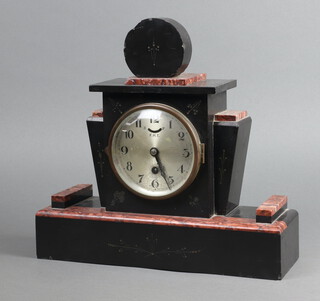F.H.T. a French Art Deco 8 day timepiece with 11cm silvered dial, Arabic numerals, contained in a 2 colour black marble case, 32cm x 32cm x 10cm 