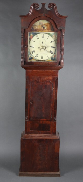 Thomas Hallam Nottingham, a 19th Century 8 day striking longcase clock the 35cm arched painted dial decorated figures depicting the harvest, with subsidiary second hand, calendar aperture, contained in a mahogany case complete with pendulum and weights 222cm h  