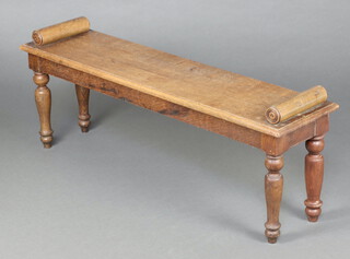 A 19th Century rectangular oak hall/window bench with scroll arms, raised on turned supports 48cm h x 122cm w x 30cm d 
