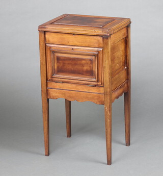 An Edwardian rectangular Continental mahogany pot cupboard with hinged lid and fall front, raised on square tapered supports 77cm h x 42cm w x 33cm d 