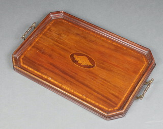 An Edwardian octagonal inlaid mahogany twin handled tea tray, the centre inlaid a shell 61cm x 38cm 