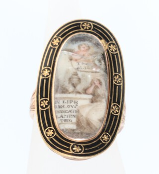 An 18th Century yellow metal mourning ring with enamelled decoration and painted panel, with engraved inscription 'John Borrer died dated Sept 1793 aged 32 yrs', 8.6 grams, size K 