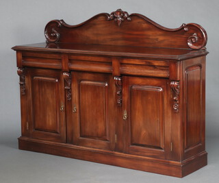 A Victorian style chiffonier sideboard with carved raised shaped back, the base fitted 3 drawers above a triple cupboard, raised on a platform base 119cm h x 160cm w x 46cm d  