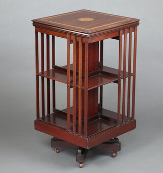 A square Edwardian inlaid mahogany 2 tier revolving bookcase 88cm h x 47cm w x 47cm d 