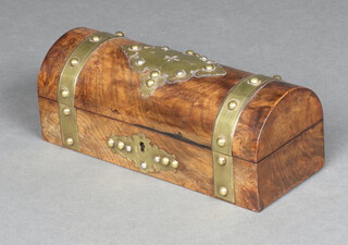 A Victorian figured walnut and gilt mounted dome shaped glove box with hinged lid, the base with paper label marked S Woolfield and Co. Glasgow 9cm x 25cm x 10cm 